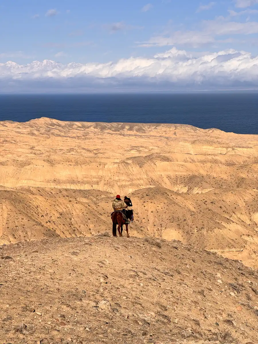 Rider on horseback overlooking eroded canyon terrain above a lake